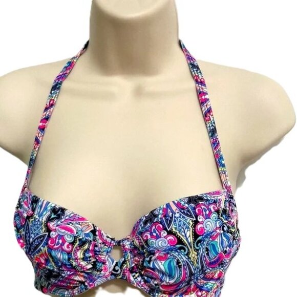 VICTORIAS SECRET VS Paisley Ruched Hot Pink and Blue Bikini Top Womens 32B - Picture 1 of 13